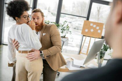 shocked african american woman getting caught by husband while cheating with bearded coworker